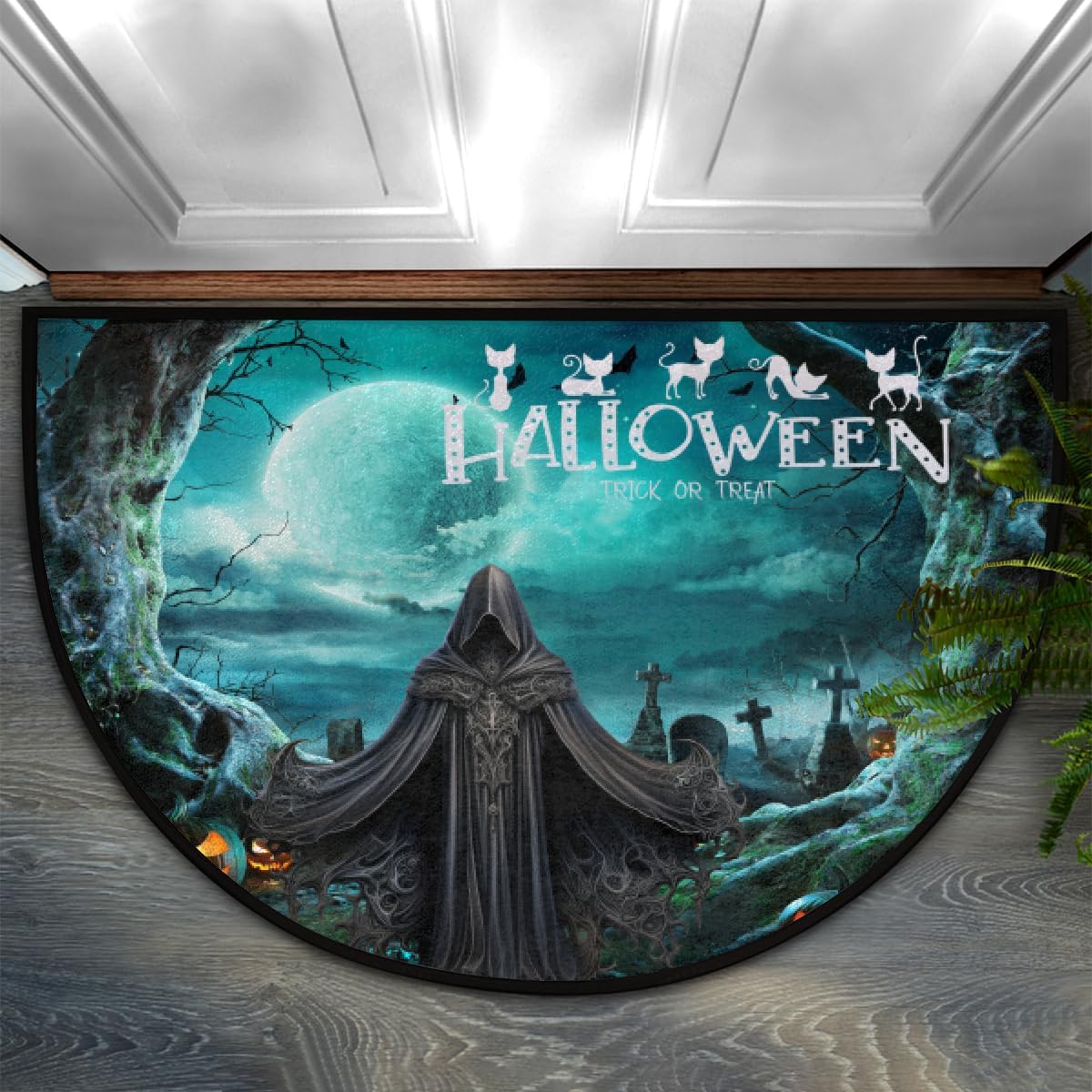 Half Round Doormat Non-Slip Washable Semi Circle Rug Soft Absorbent Half Moon Mat for Indoor Outdoor Entrance Kitchen Bathroom Sink Welcome Fireplace Floor Rug Halloween Grim Reaper Pumpkin decorate