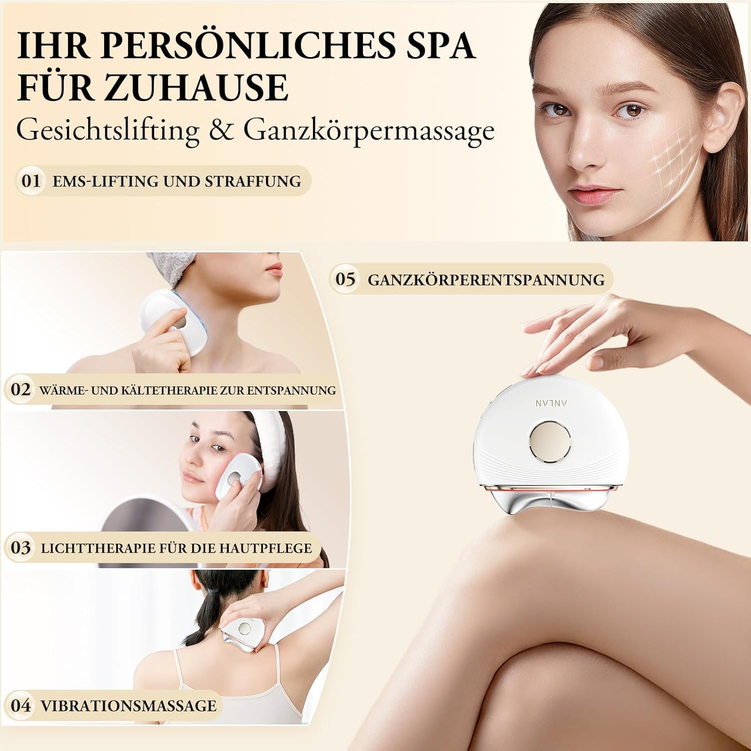 ANLAN EMS Gua Sha Elektrisch Gesichtsmassagegerät Anti Aging Kalt Wärme 3 Intensitätsstufen Weißgold