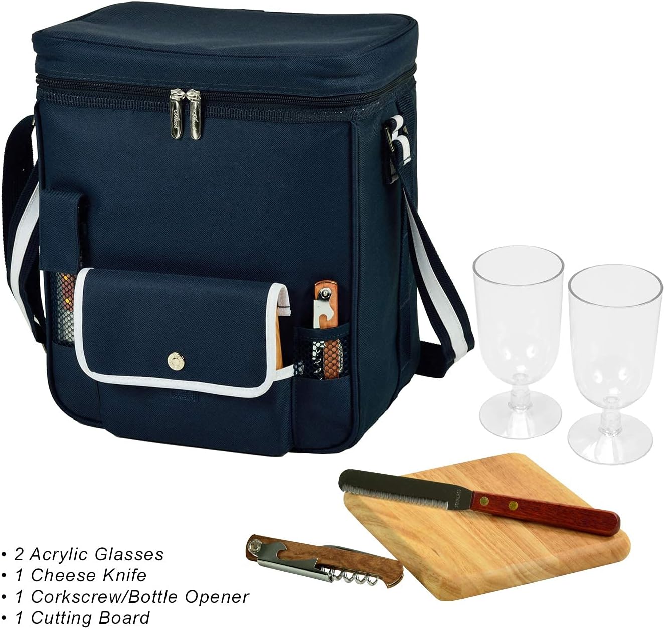 Picnic at Ascot Wine and Cheese Picnic Basket/Cooler with hardwood cutting Board, Cheese Knife and Corkscrew - Navy