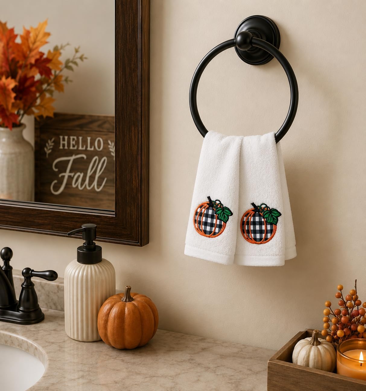 Serafina Home Decorative Fall Decor Fingertip Towels: Embroidered Black White Gingham Pumpkin on Plush Ivory White, 2 Piece Set, 12" x 18" Inch Each (Plaid Pumpkin)