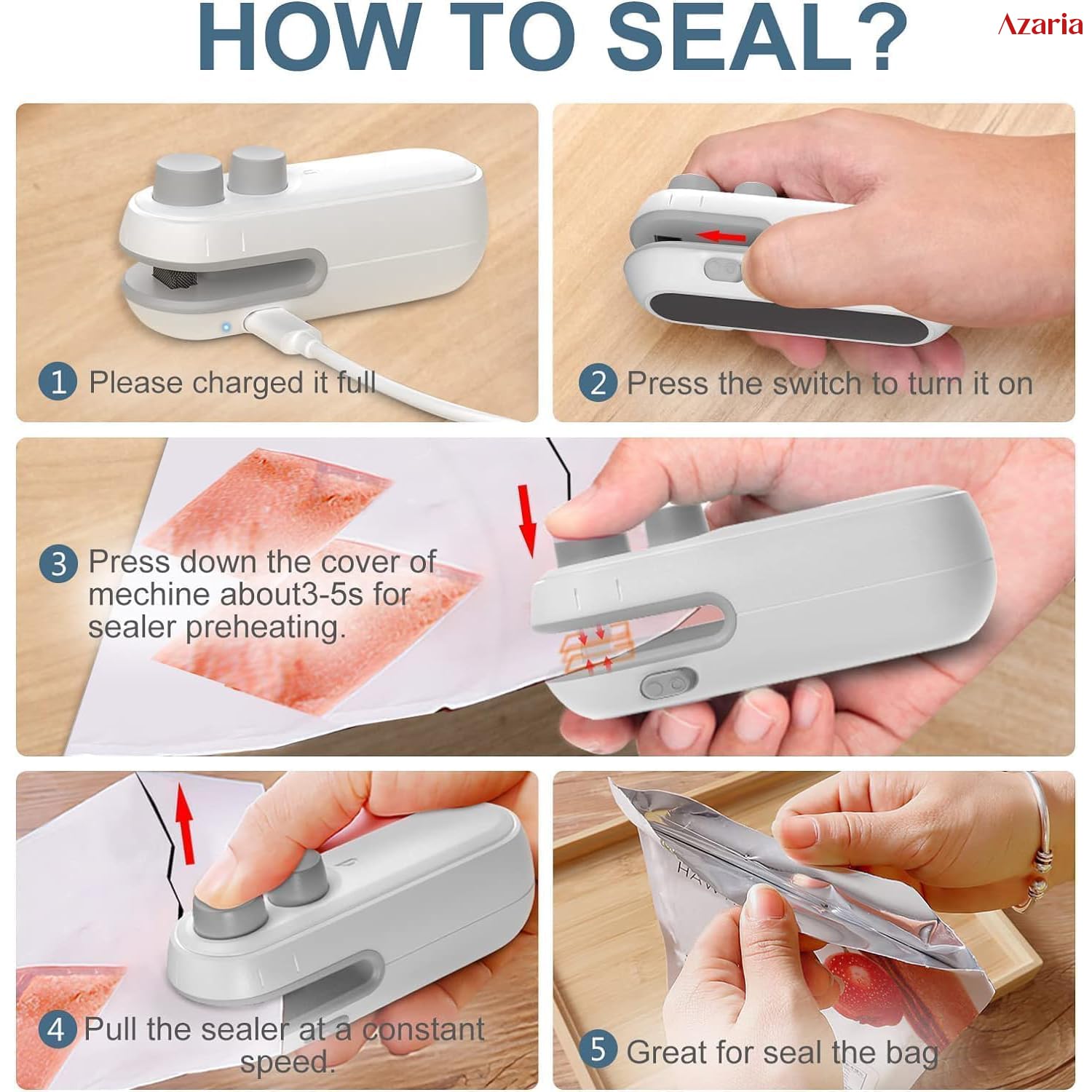 Azaria Portable Mini Sealing Machine, Handheld Packet Sealer, portable sealing machine, packet sealer for Food, Snacks, Chips, Fresh Storage, Plastic Bags Sealing Machine, 1 YEAR Warranty 4