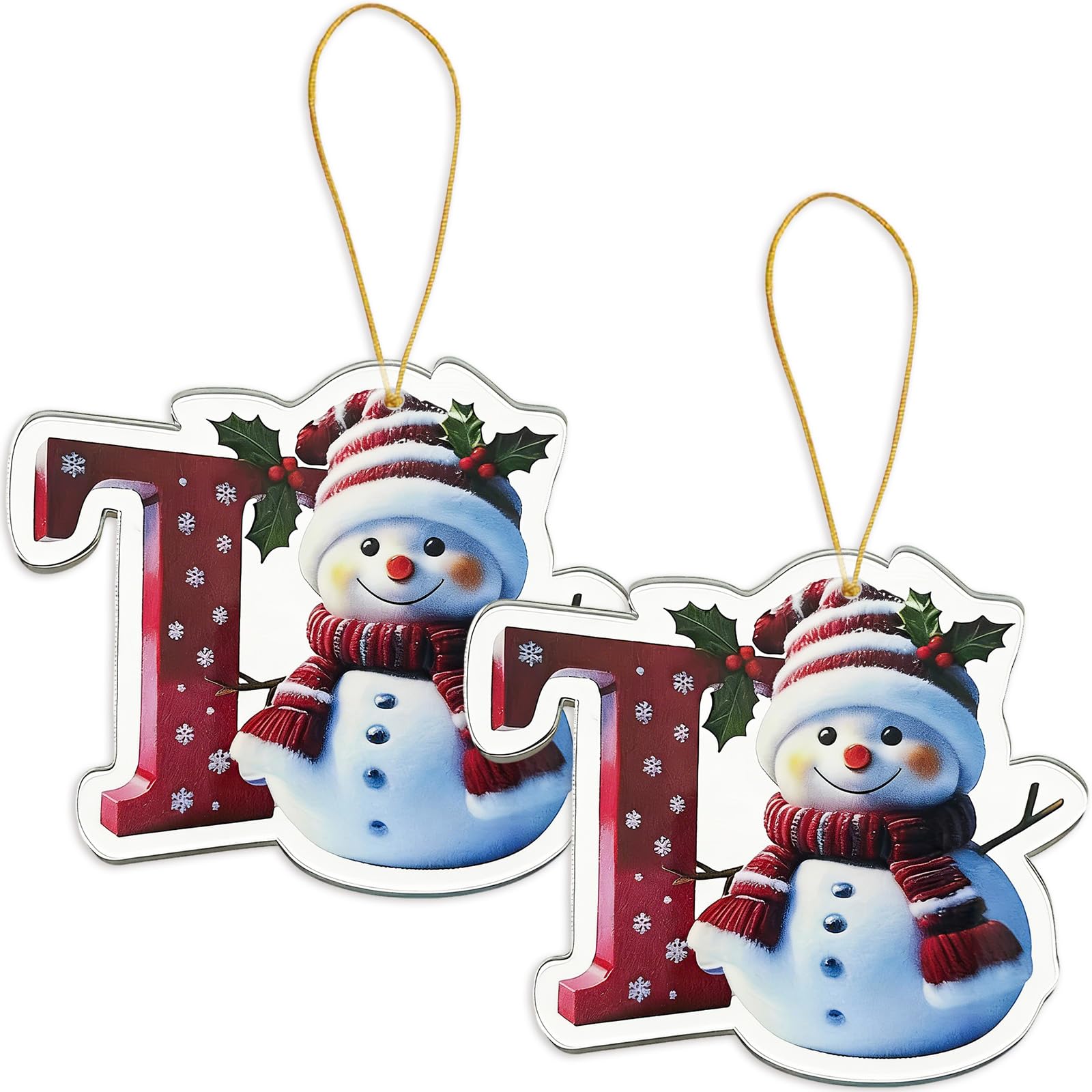 FAMINESS 2PCS 2D Acrylic Letter T Snowman Christmas Ornaments - 26 Alphabet Tree Decorations Hanging Ornaments for Party Gifts