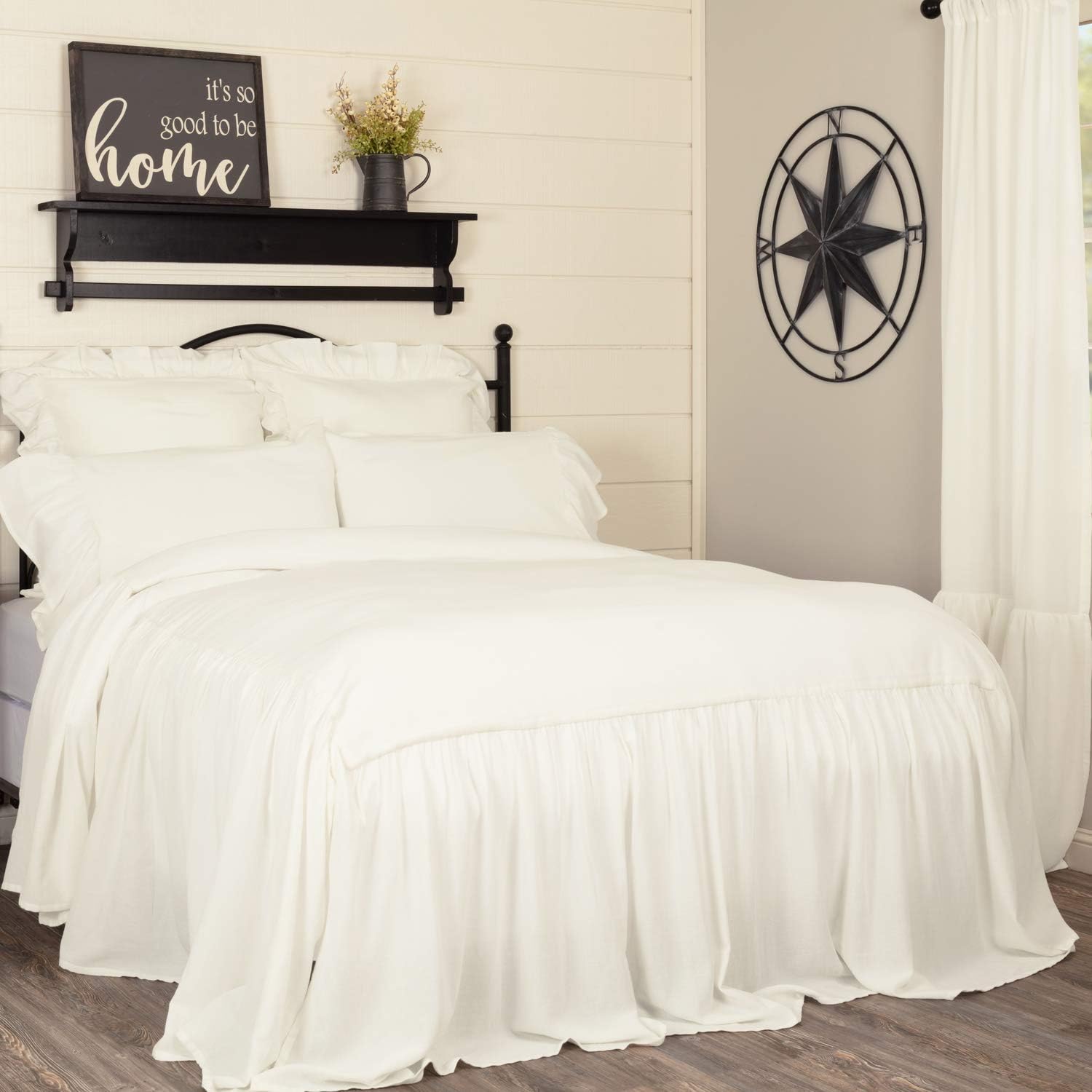 Annabelle Ruffled Bedspread, Twin Size, Skirted on 3 Sides, Antique Soft White Lightweight Farmhouse Style Bedding