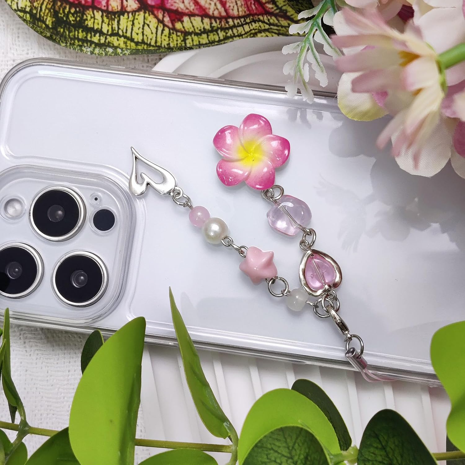 AGEN KGEN Cute Flower Phone Charms Straps Lily of the Valley Glass Crystal Phone Strap Charms PhoneCase Accessories for Women