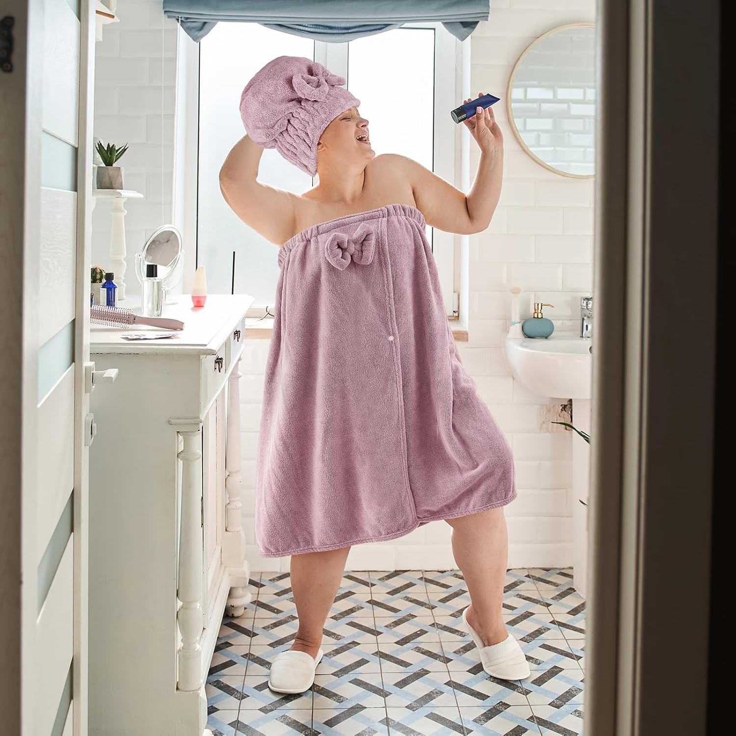 Xtinmee 2 Sets Plus Size Womens Wrap Towel with Hair Towel Bath Wrap Shower Spa Wraps for Women's Bathrobe (Lotus Pink) - Image 4