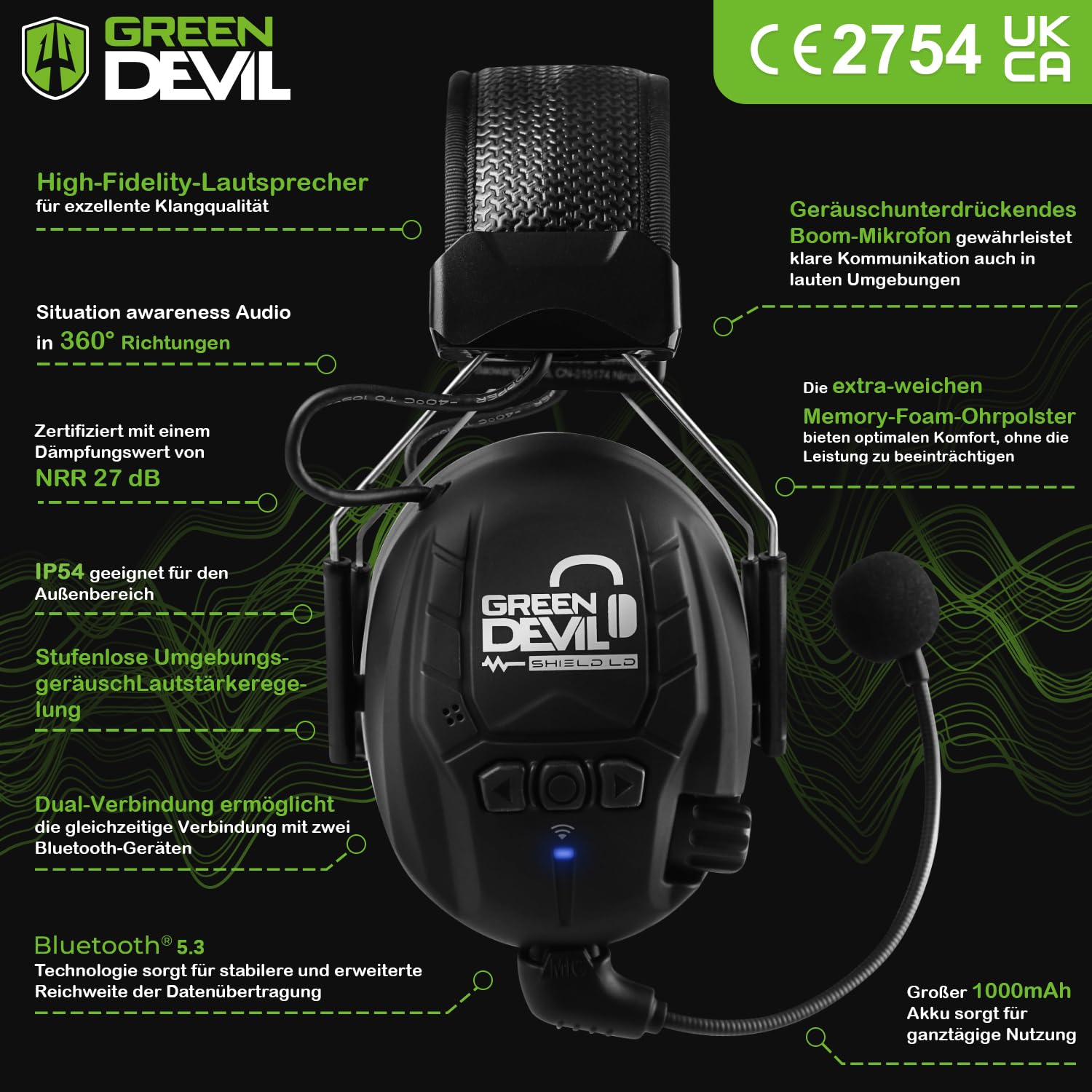 GREEN DEVIL Shield LD Aktiver Gehörschutz - elektronischer Gehörschützer mit Bluetooth 5.3 Technologie Integriertes Mikrofon EN352-konforme SNR 32dB für Mähen und Lärmintensive