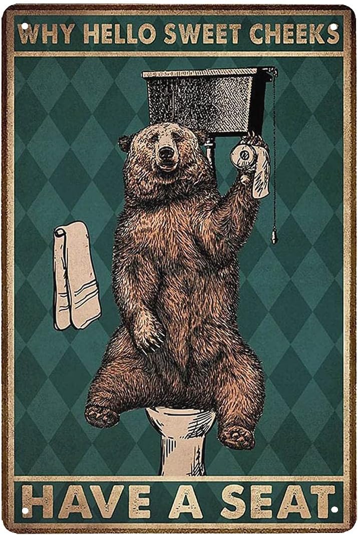 BOLYDOOM Bear Hello Sweet Cheeks Take A Seat Vintage Metal Sign, Wall Art, 8 x 12 Inch, Brown, Home & Office Decor