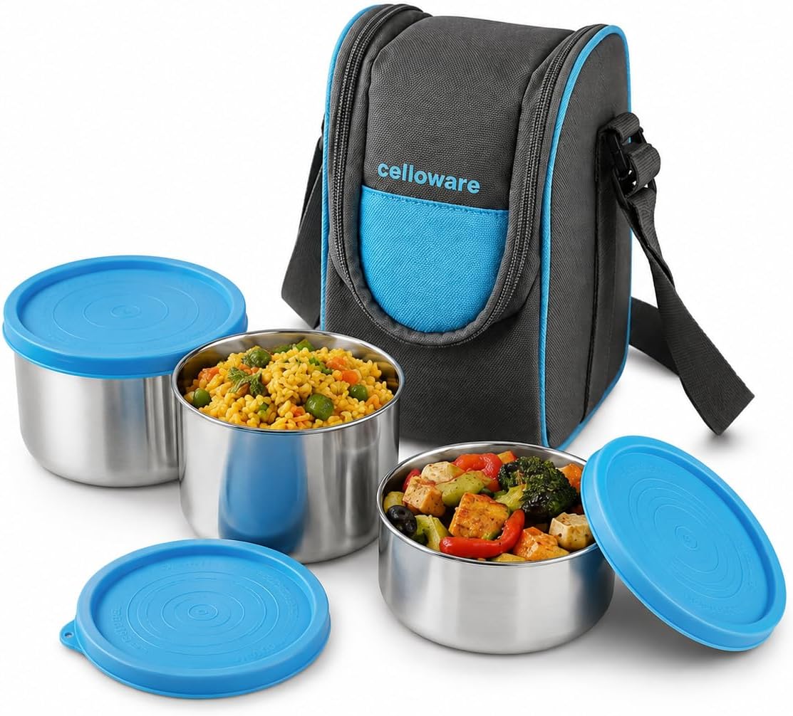 CELLO Steelox Set of 3 Pieces Lunch Box with Jacket for Office, Blue | 550ml, 375ml, 225ml Stainless Steel Containers | Food Grade Lightweight Leakproof Airtight Tiffin Box for Daily Use & Travel
