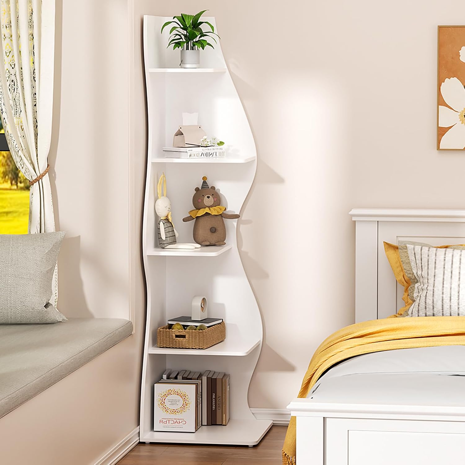 LEILISI 70" Corner Shelf Stand, 5-Tier Modern Wall Corner Bookshelf for Small Space Corner Bookcase for Living Room, Home Office, Bedroom (White)