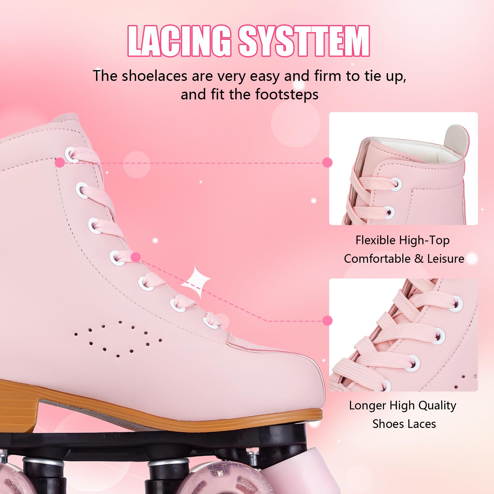 Gets Patins à roulettes lumineux en cuir synthétique pour femme - Double rangée de 4 roues - Patins brillants pour adolescents et adultes