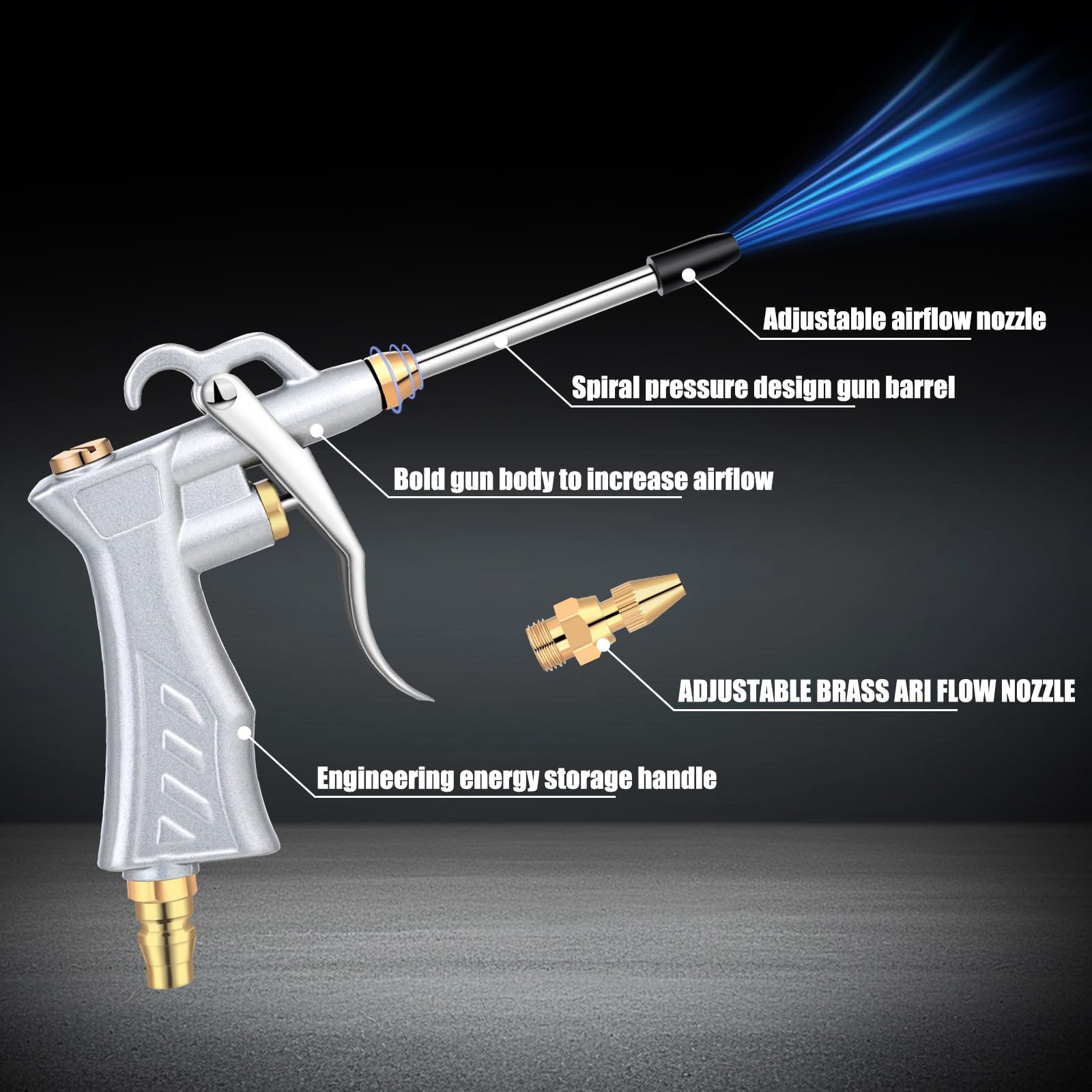 Paquete de 3 pistolas de aire industriales con 6 boquillas de flujo de aire de acero de extensión de 4 a 5 pulgadas, flujo de aire ajustable con boquilla de latón, accesorios de compresor de aire para