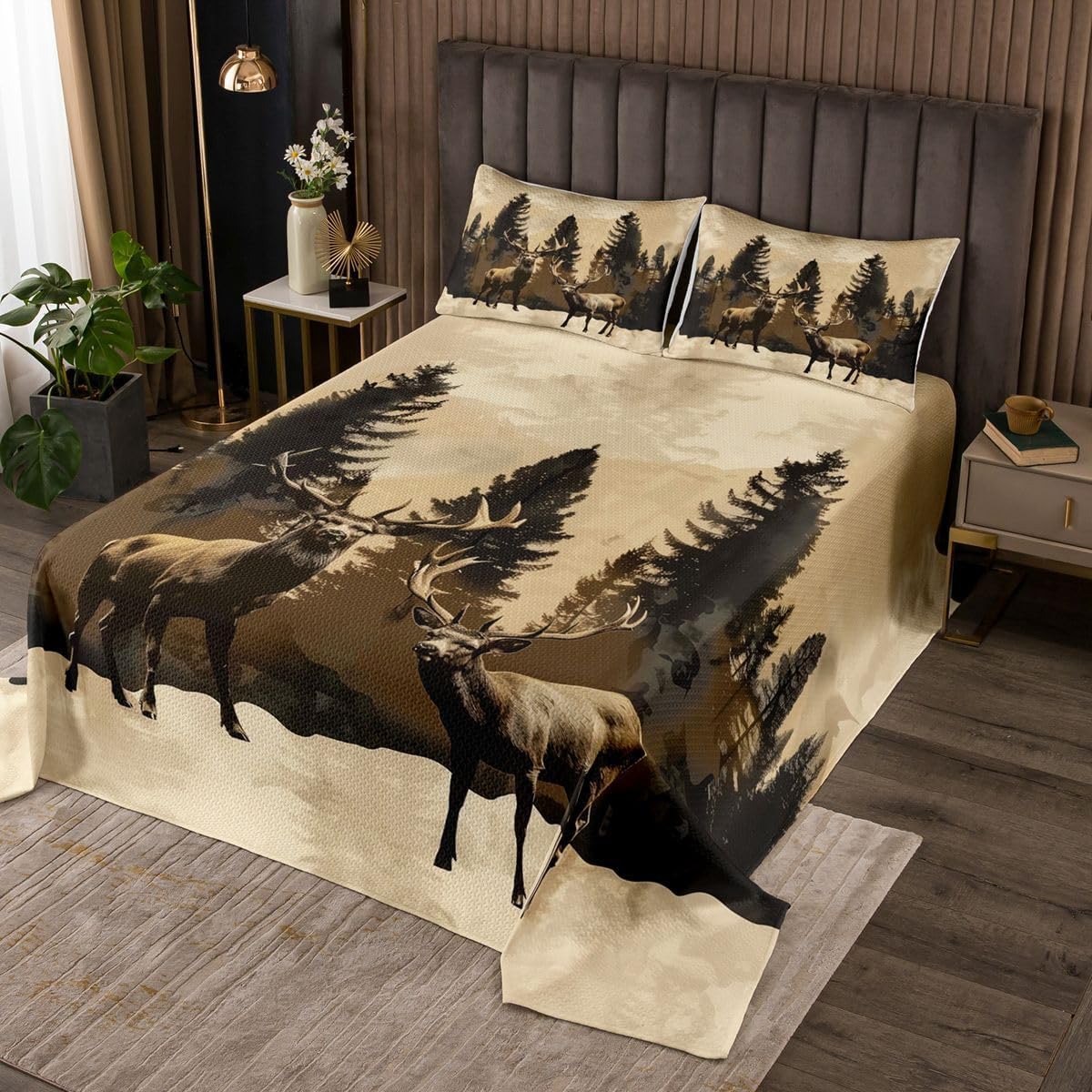 Homewish Bear Cabin Bedspread,Jungle Animal Paw Print Bedding Sets for Kids Teens Adults,Vintage Grid Lodge Theme Coverlet Set with 1 Pillowcase,Twin Size 2 Pcs