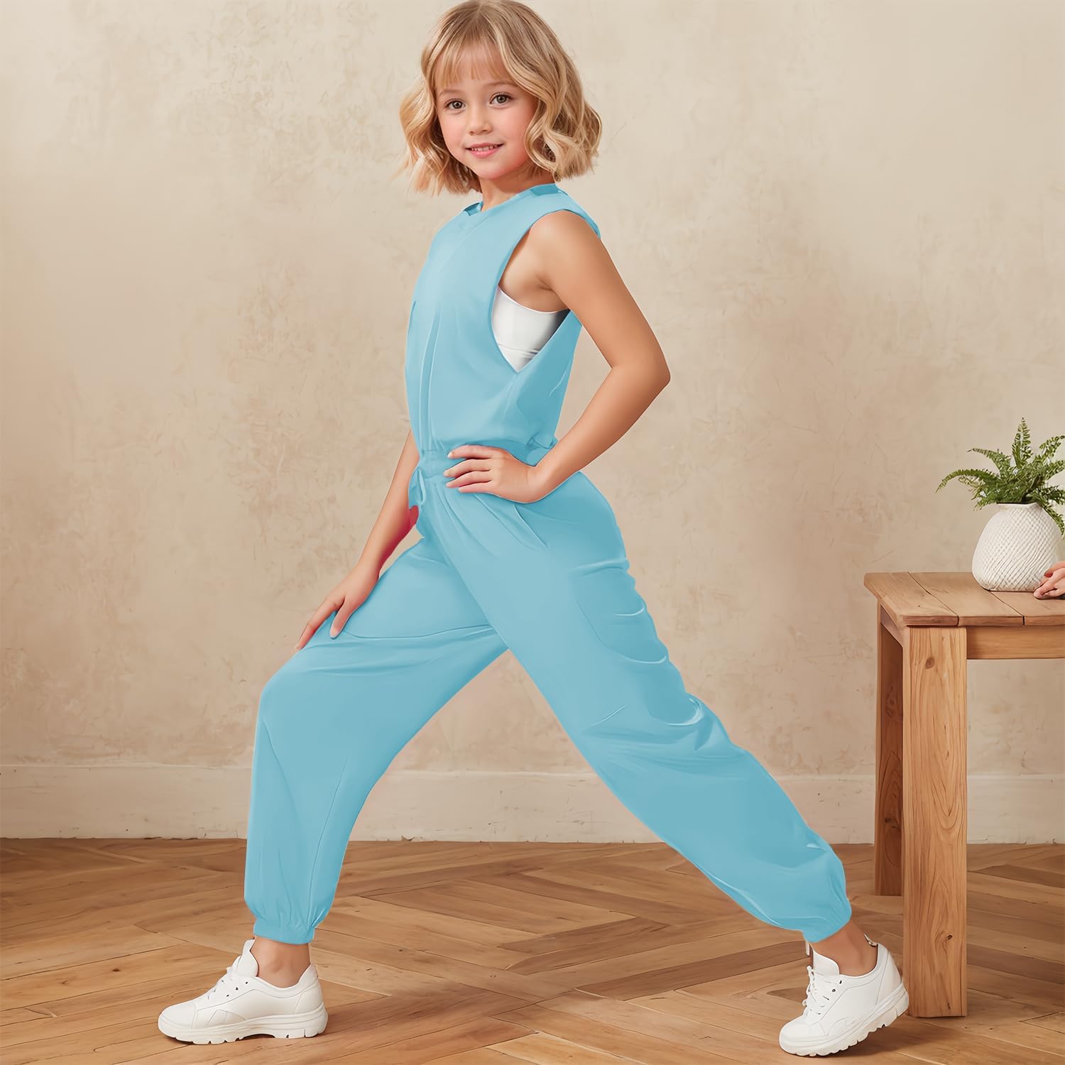 Girls Casual Jumpsuit Kids Fashion Crew Neck Elastic Waist Loose Rompers Long Pants with Pockets - Image 4