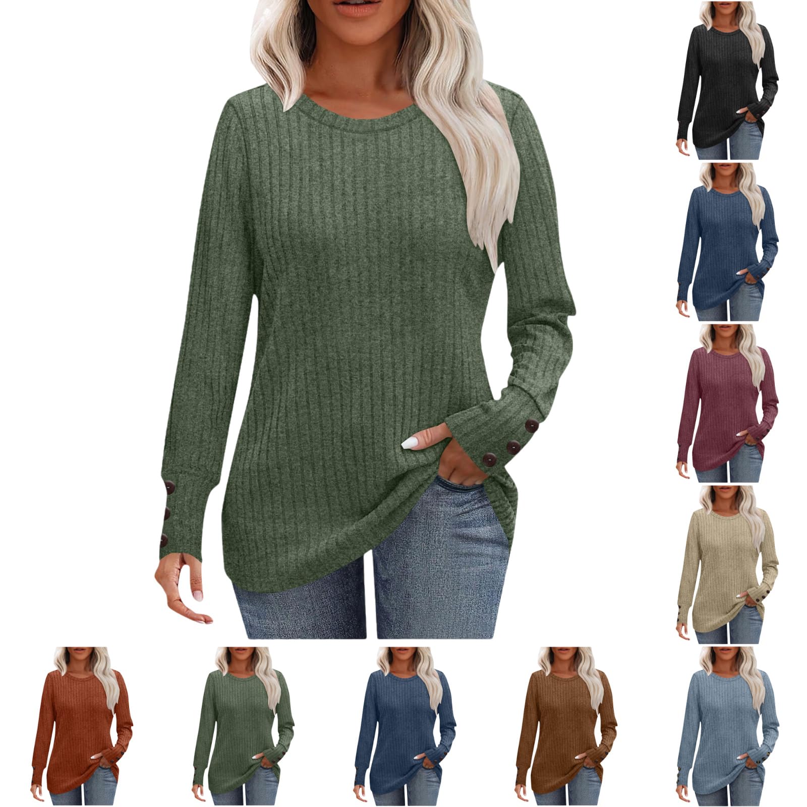 Womens Long Sleeve Sweaters Button Cuff Ribbed Knit Sweaters 2025 Fashion Lightweight Casual Crewneck Tunic Tops
