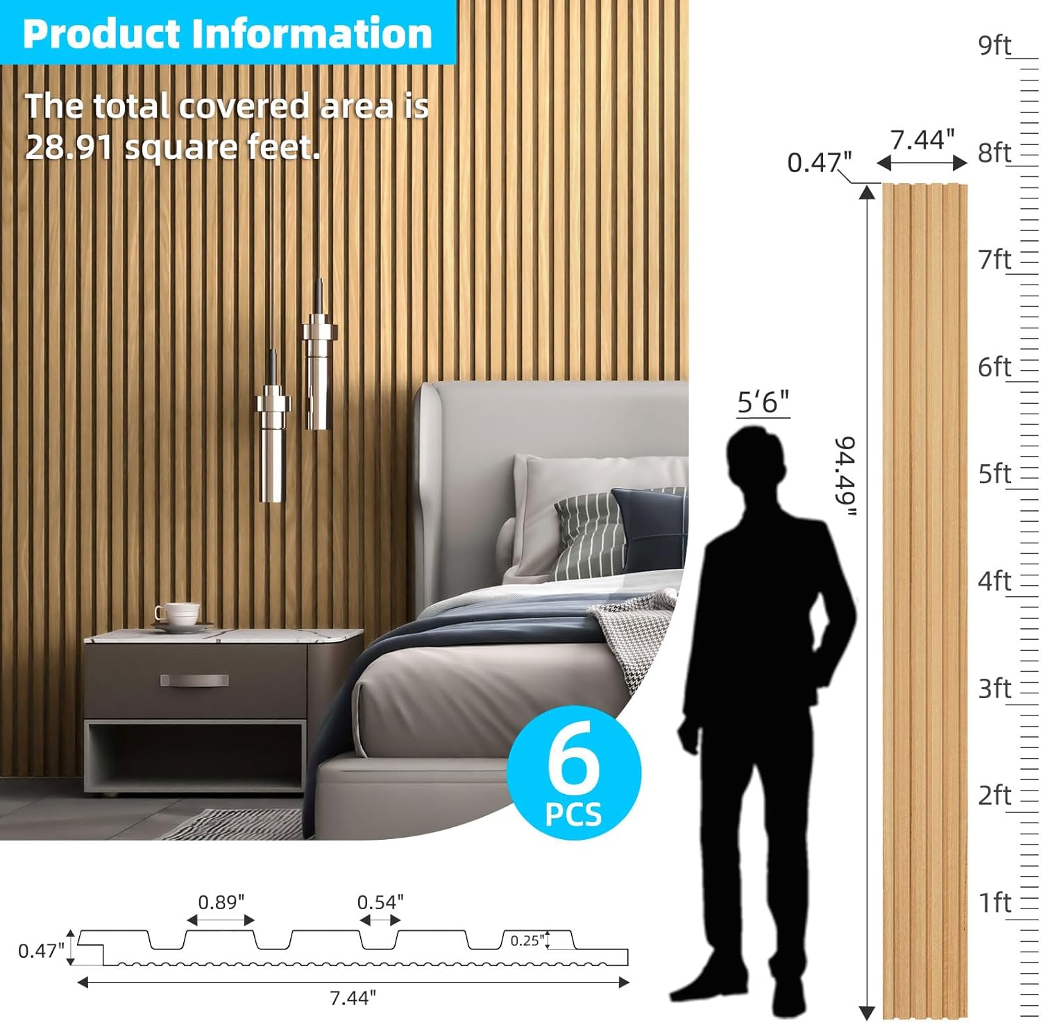 Art3d 6-Piece Wood Slat Panels for Stylish Interior Decor and Ceiling Decoration, MDF 3D Textured Panel for Ceiling and Wall,Size 94.6 x 7.4 in-Boxwood