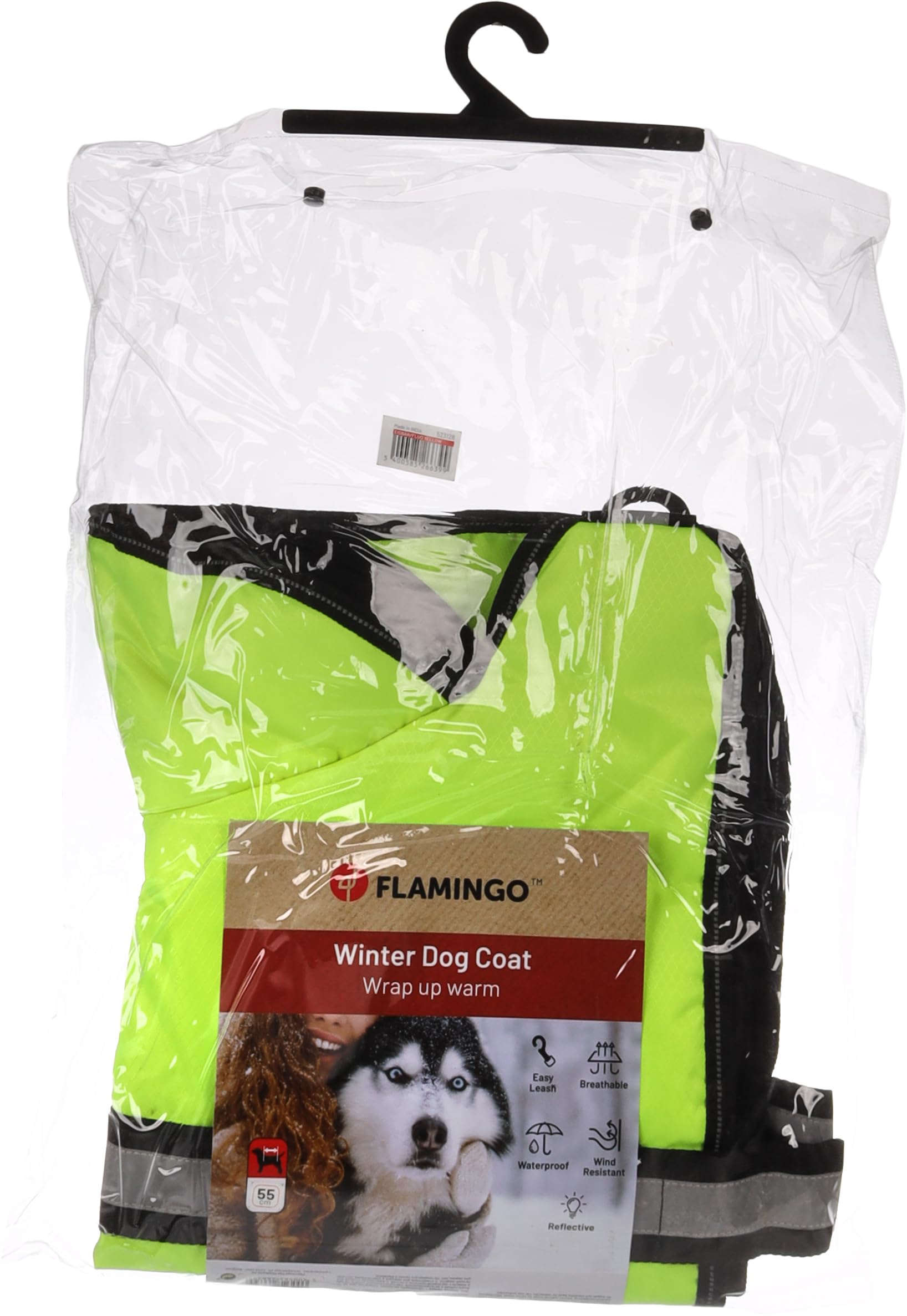Flamingo Hundemantel Winter – Eisbär Fluo Gelb – XL 55cm – warm & modisch – Polyesterfaser – reflektierende Riemen – Wasser- & Winddicht – PU-Beschichtung – Geschirröffnung