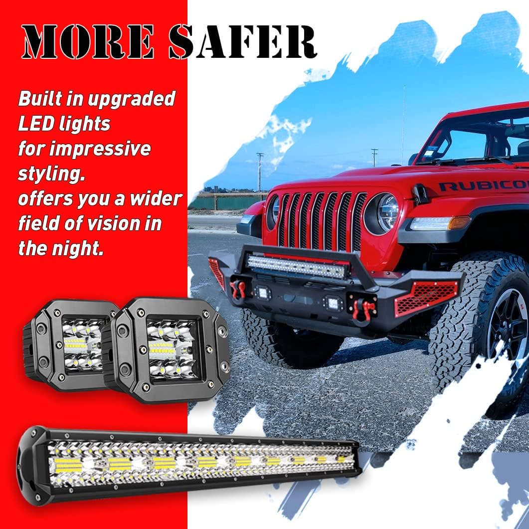 JL Bumpers Front + Rear Combo Fits Wrangler JL 2018-2023,Plate Steel bumper cover with light & D-Ring &winch plate& 2" Hitch Receiver,Textured Black
