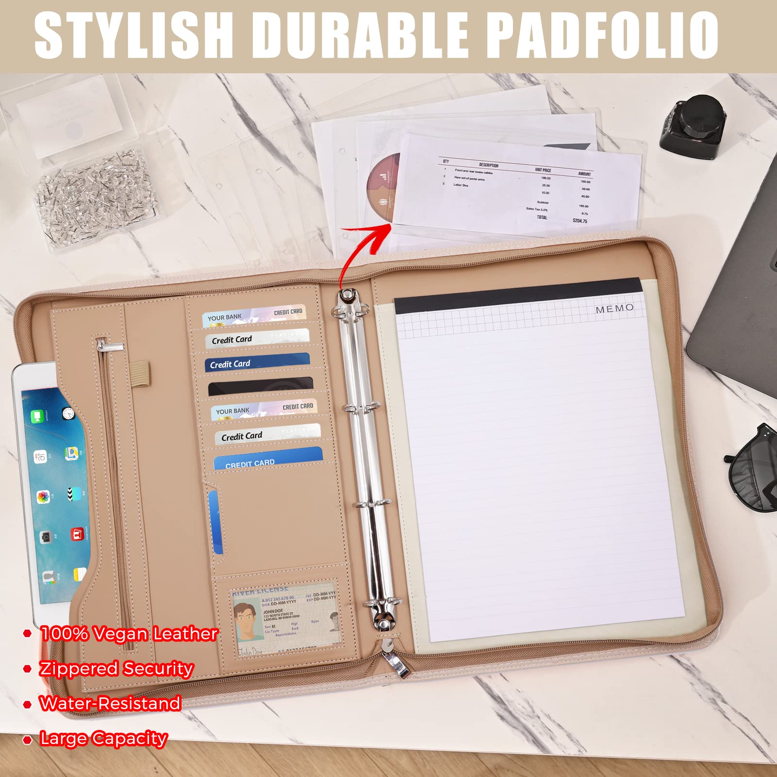 Portfolio Binder-Sbrinnaliao Padfolio Organizer Business Planner & Notebook Organizer-Anello rimovibile Blocco Notepad Scrittura, Raccoglitori con cerniera per uomini e donne (kaki)