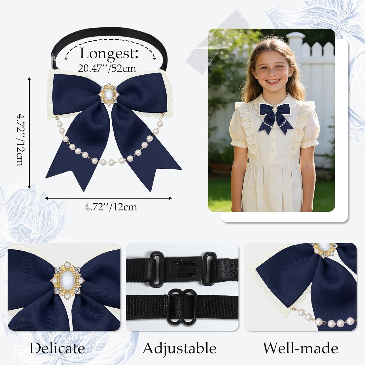 Pre-tied Bow Tie for Girls Women, Adjustable Kids Bow Tie with Pearls Uniform Ties for School Costume Shirt Blouse