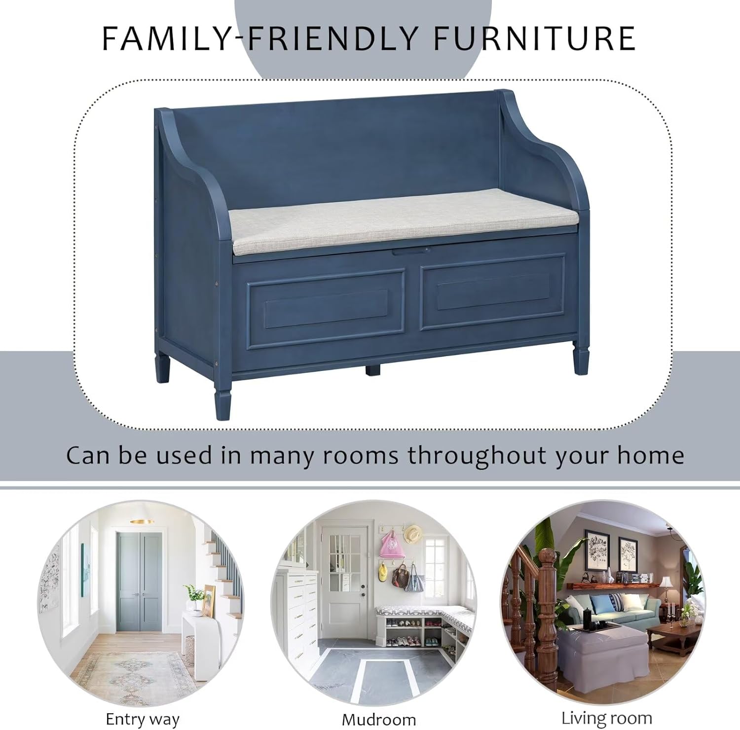 Merax Storage Bench, 41.9” Solid Wood Storage Chest with Backrest and Safety Hinge, Large Storage Space Bench with Upholstered Cushions,Supports 250 lb and Easy Assembly for Small Space, Antique Navy