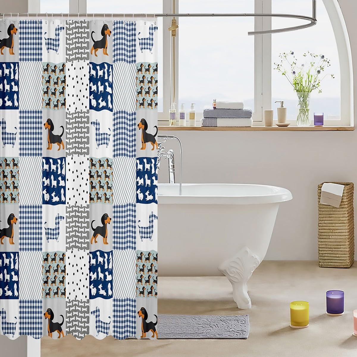 Cartoon Dachshund Bath Curtain Cute Puppy Dog Shower Curtain Geometric Plaid Sausage Dog Bathroom Shower Curtain Set for Boys Girls Children Teens Dog Animal Blue Kids Bathroom Accessories 72"x78"