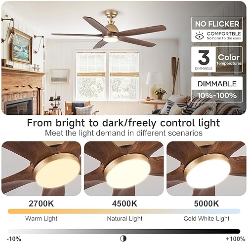 Miniatura 3 de Ventilador de techo dorado de 52 pulgadas con luces y control remoto, ventilador de techo para exteriores con luz, luz LED regulable, ventilador de