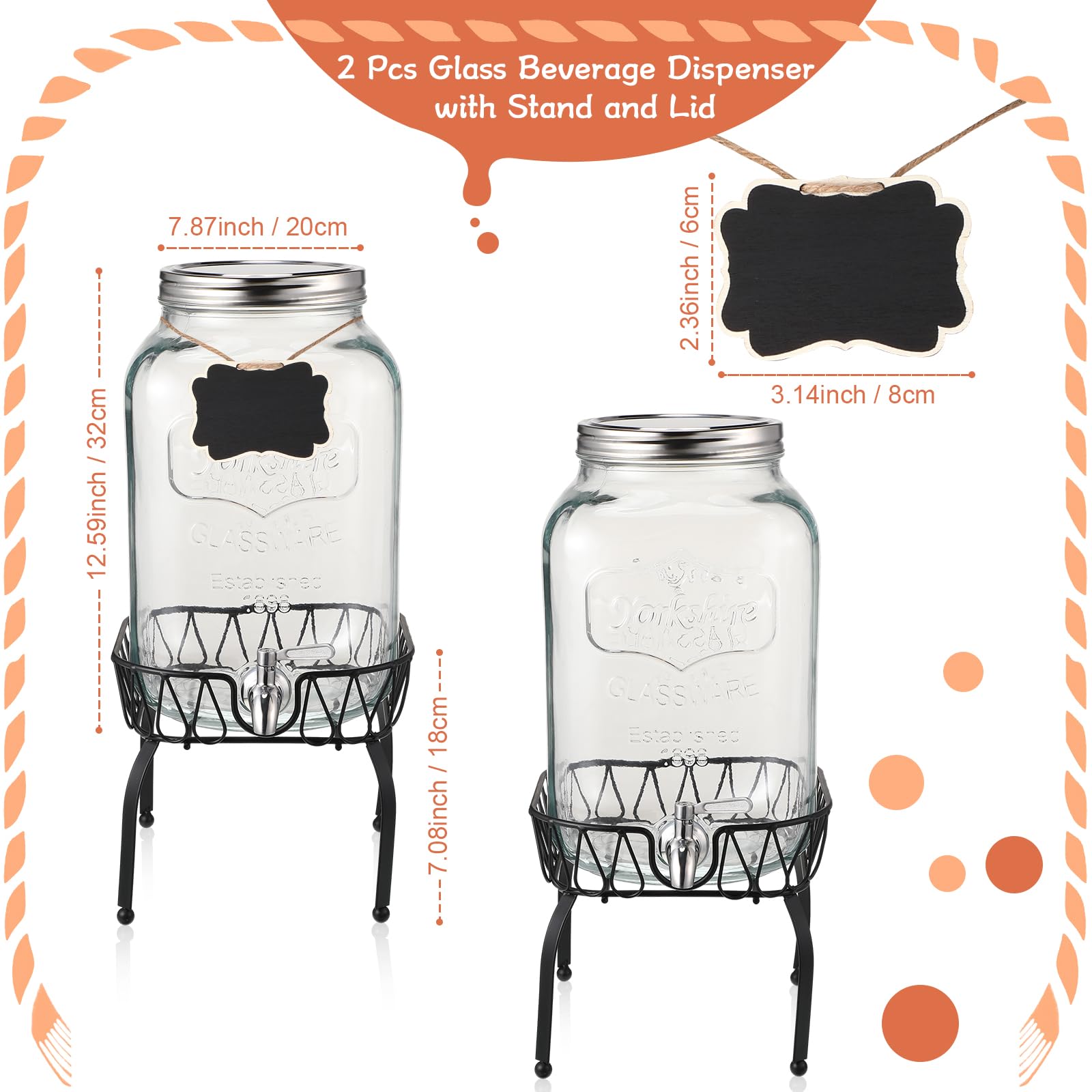 Paquete de 2 dispensadores de bebidas de vidrio de 2 galones con soporte, dispensador de bebidas de vidrio, recipientes para bebidas de jugo de agua para fiestas con espita de acero inoxidable 2
