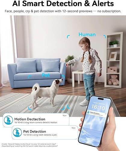 Miniatura 5 de blurams Cámaras para seguridad del hogar, cámara 2K para mascotas con aplicación de teléfono, cámaras interiores PTZ de 360, conversación de 2 vías,