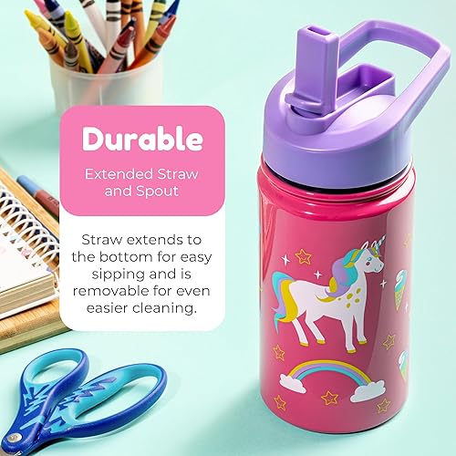 Vista 4 de BOZ Botella de agua para niños pequeños con tapa con popote, botella de agua aislada de acero inoxidable para niños, botella de agua para niños