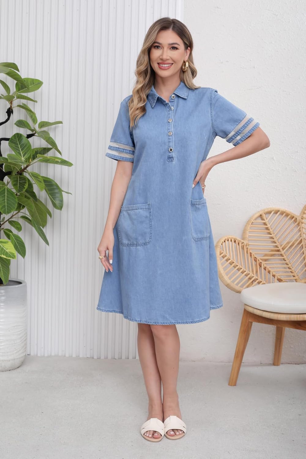 utcoco Denim Dress for Women 2025 Casual Tulle Short Sleeve Button Jean Midi Dress with Pockets - Image 6