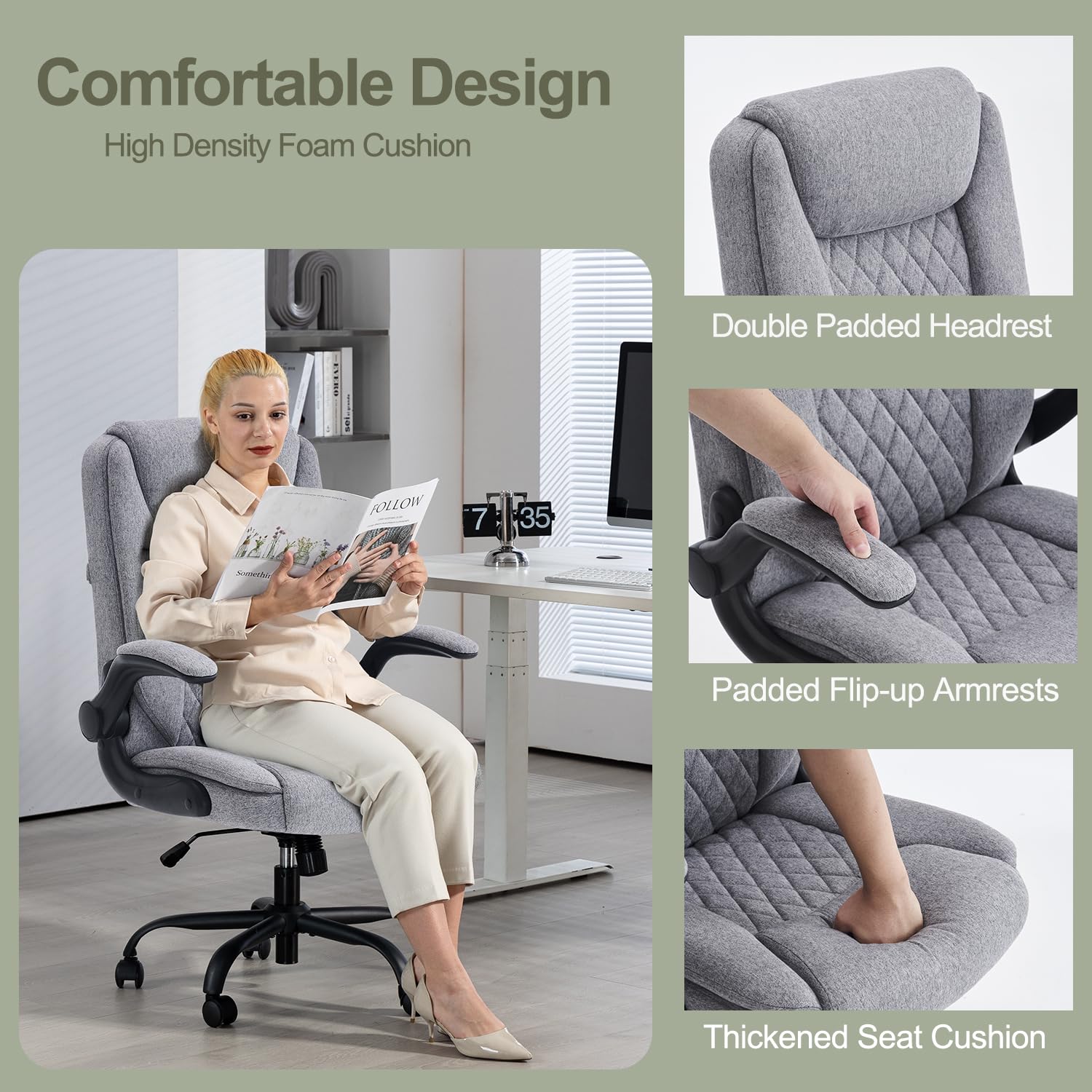 CASTLOVE Ergonomischer Bürostuhl, Computerstuhl, Chefsessel mit hochklappbarer Armlehne, hohe Rückenlehne, Schaukelfunktion, höhenverstellbar, bequem, Schreibtischstuhl für Zuhause, Büro, Stoff, Grau