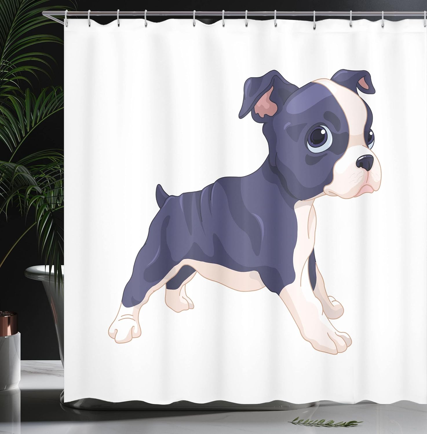 Ambesonne Boston Terrier Shower Curtain, Cartoon of a Puppy Cheerful Playful Animal Friend Composition, Cloth Fabric Bathroom Decor Set with Hooks, 69" W x 70" L, Dark Indigo White