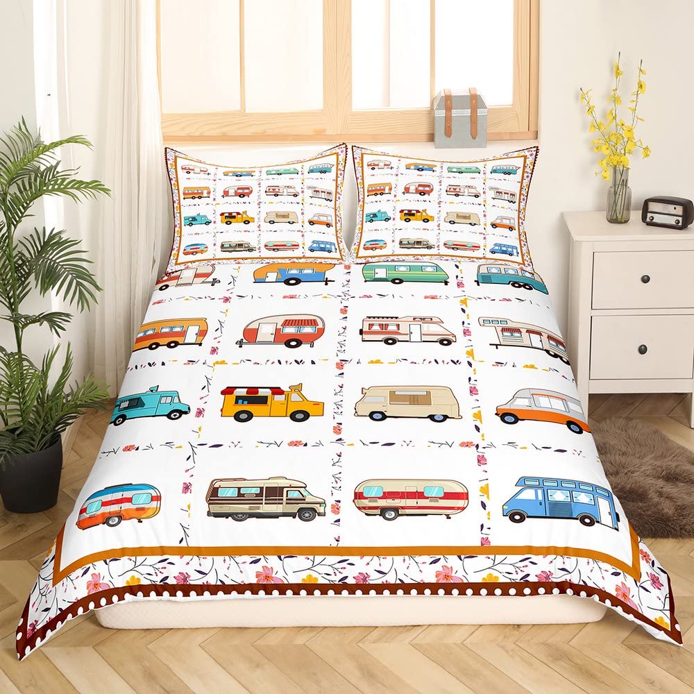 Loussiesd Camping Car Duvet Cover Camper Happy Holiday Bedding Set for Kids Boys Girls Children Kawaii Style Comforter Cover Ultra Soft Floral Bedspread Cover Single Size Zipper - Image 3