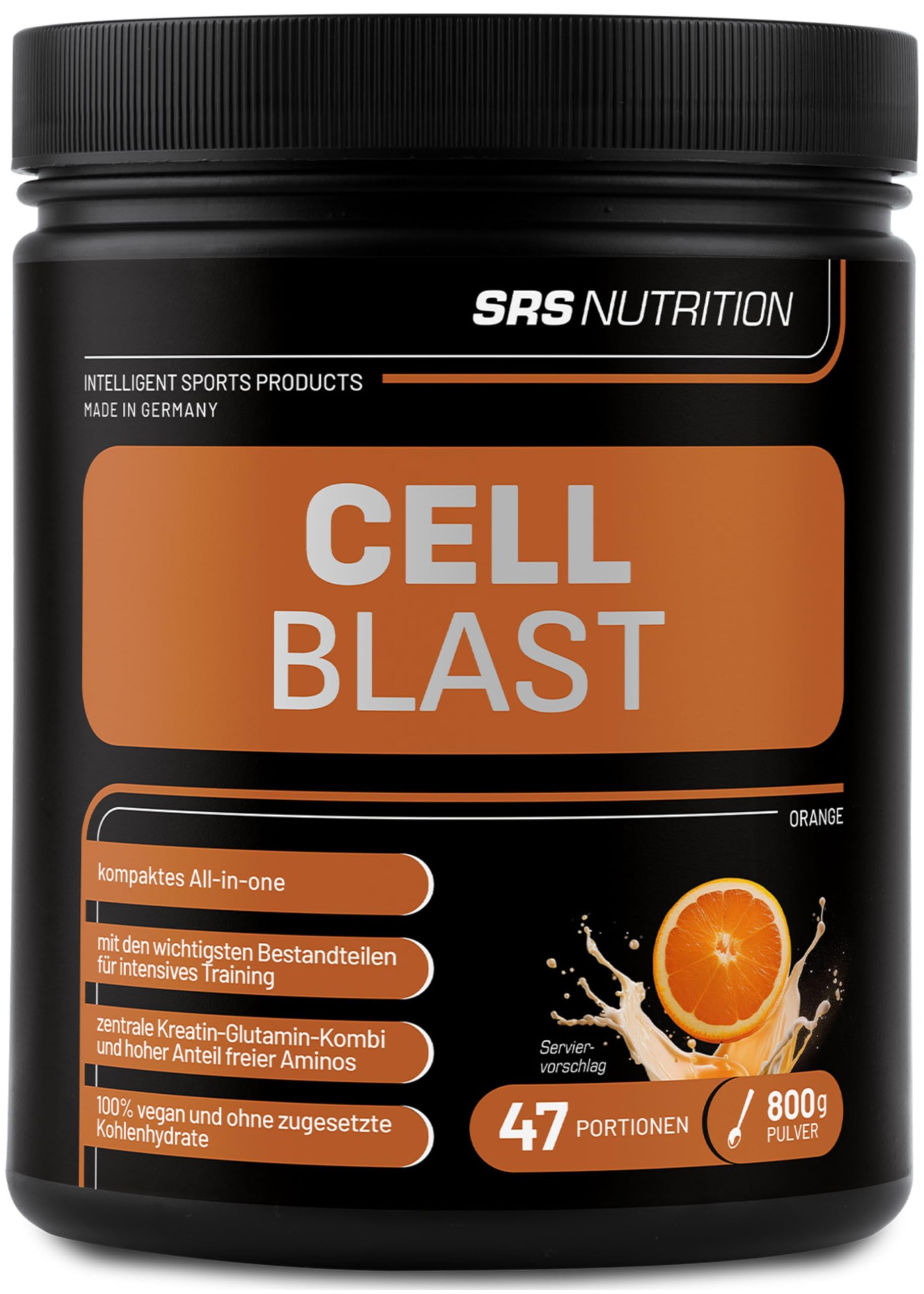 SRS Muscle - Cell Blast, 800 g, Orange | Lean Muscle All-in-one | ohne zugesetzte Kohlenhydrate | mit Creapure®, Glutamin, Arginin, AAKG, Beta Alanin u.a.m. | deutsche Premiumqualität