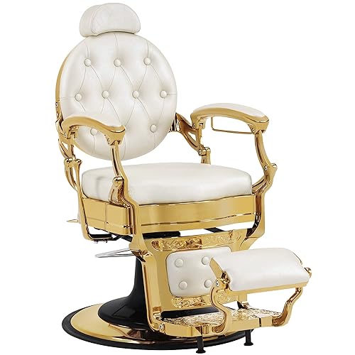 Miniatura 13 de BarberPub Silla de peluquero resistente para hombres con reposacabezas, sillas reclinables hidráulicas de metal antiguo multiusos, equipo de Blanco