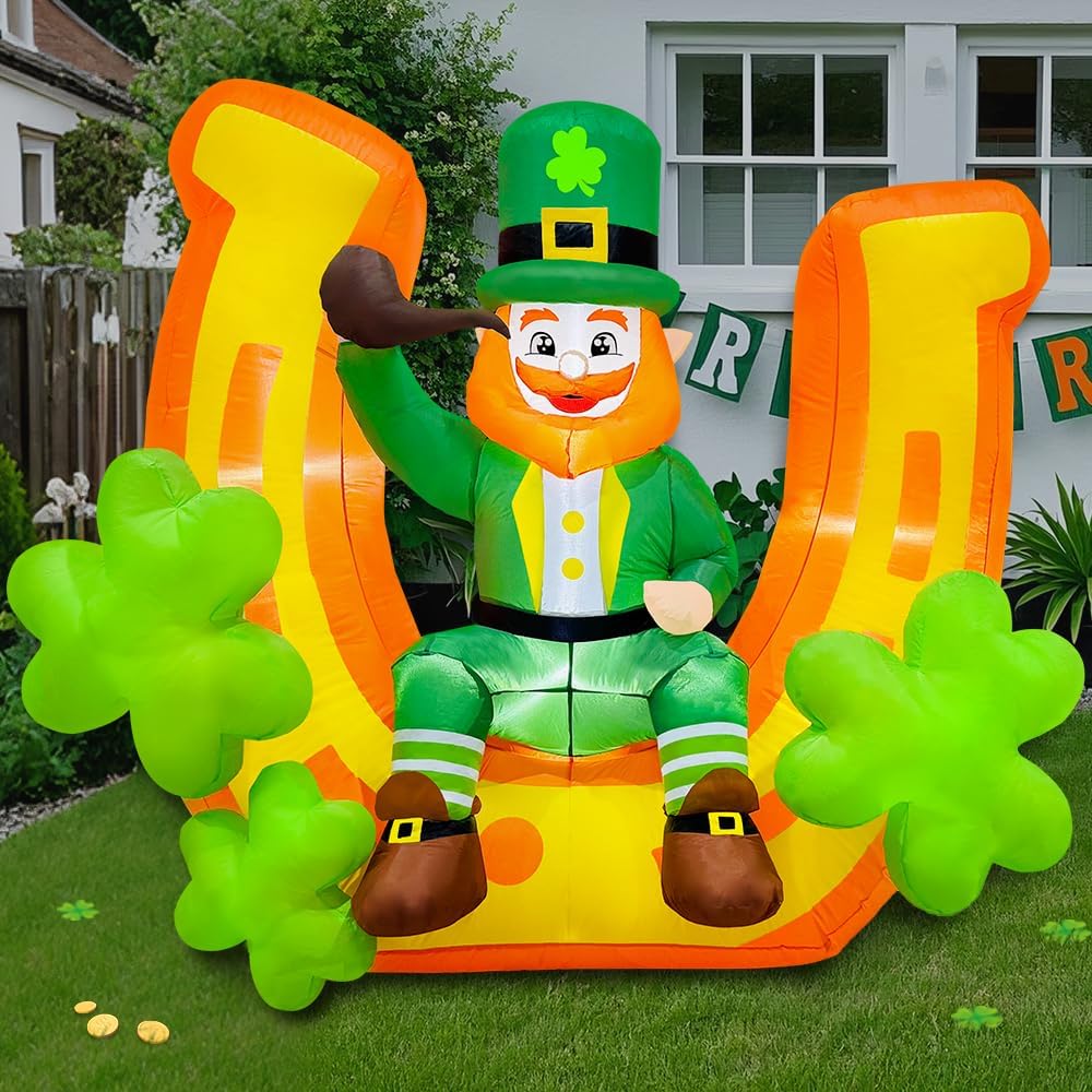 KOOY 5.5FT St Patricks Inflatables Outdoor Decoration, Inflatable Leprechaun Sit on Lucky Clover Horseshoe with Shamrock Decoration, Blow Up Saint Decorations for Yard Holiday Party Garden Lawn Décor