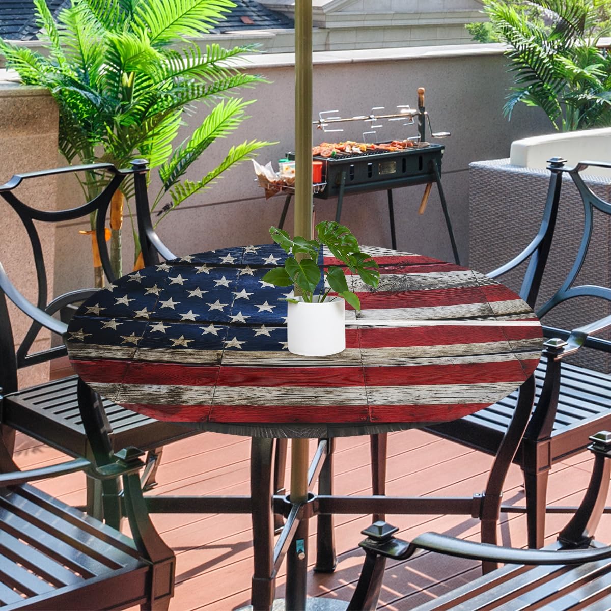 Round Outdoor Fitted Tablecloth with Umbrella Hole, American Flag Wooden Texture Elastic Table Cloth Waterproof Table Cover with Zipper for Patio Picnic, 45"-56"