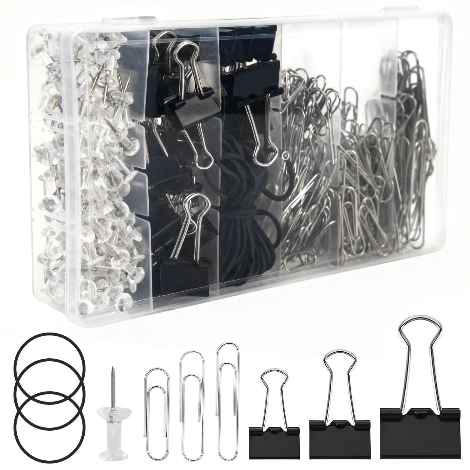 Papierbinder und Klammern, verschiedene Größen, 500 Stück, schwarz, Metall, Büroklammern, Push-Pin-Gummibänder, Set für Zuhause, Schule, Bürobedarf