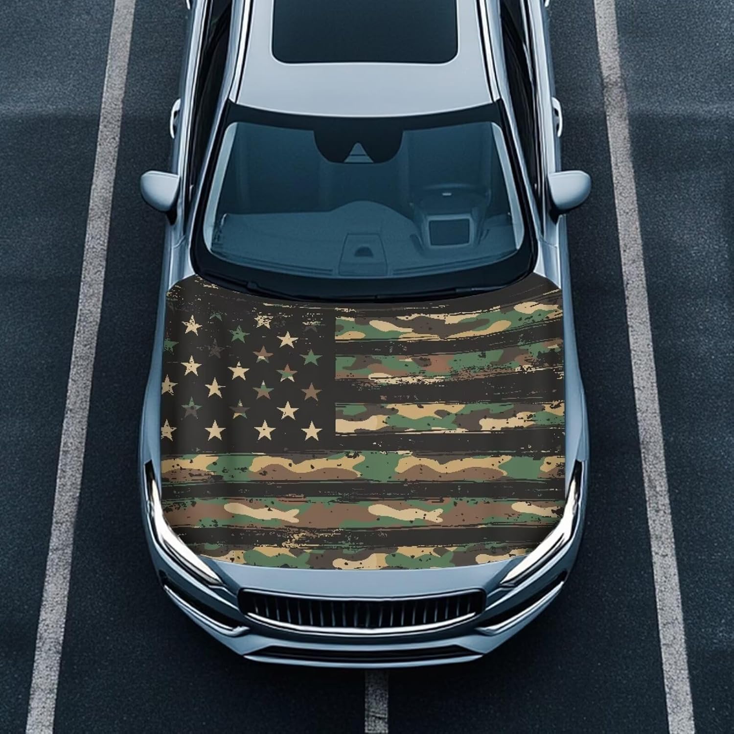 Camo American Flag Car Hood Cover Polyester Elastic Fabrics Can be Washed Suitable for SUV Trucks Universal for Cars