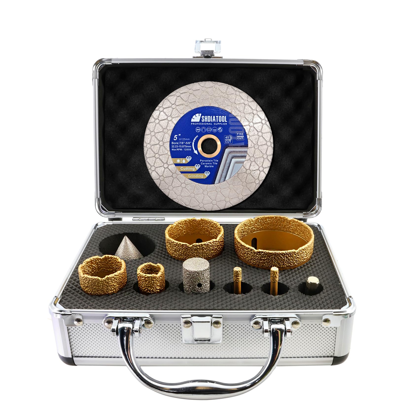 SHDIATOOL Forets Diamantés M14 (6/6/20/35/50/68mm) - Kit Mèches à Chanfrein Diamantées 50mm, Mèches à Doigts 20mm, Adaptateur Queue Triangulaire & Disque de Coupe 125mm pour Carreaux
