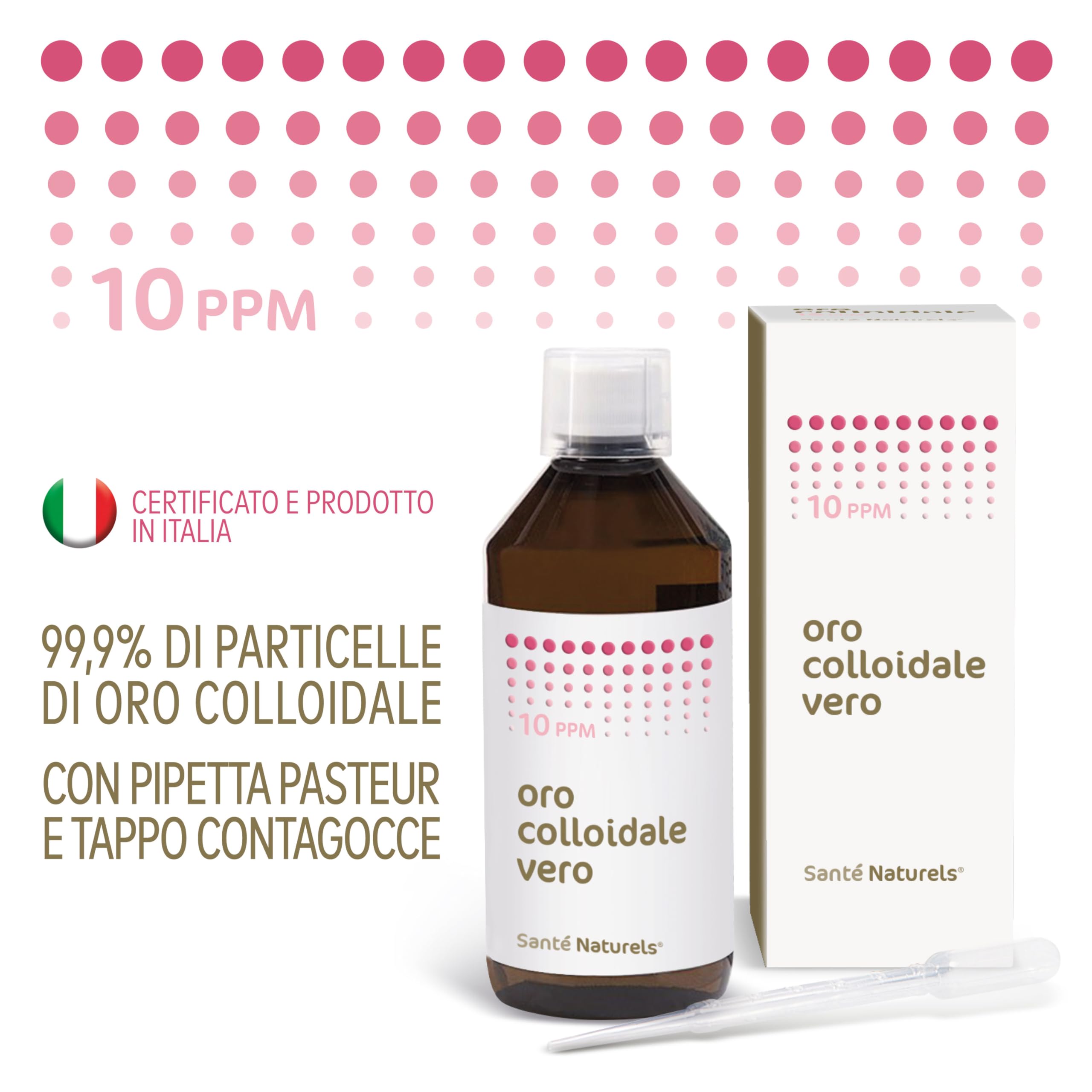Oro Coloidal Verdadero ● 10 ppm 500 ml ● Particulado no Iónico con Pipeta Cuentagotas y Tapón Cuentagotas ● Made in Italy