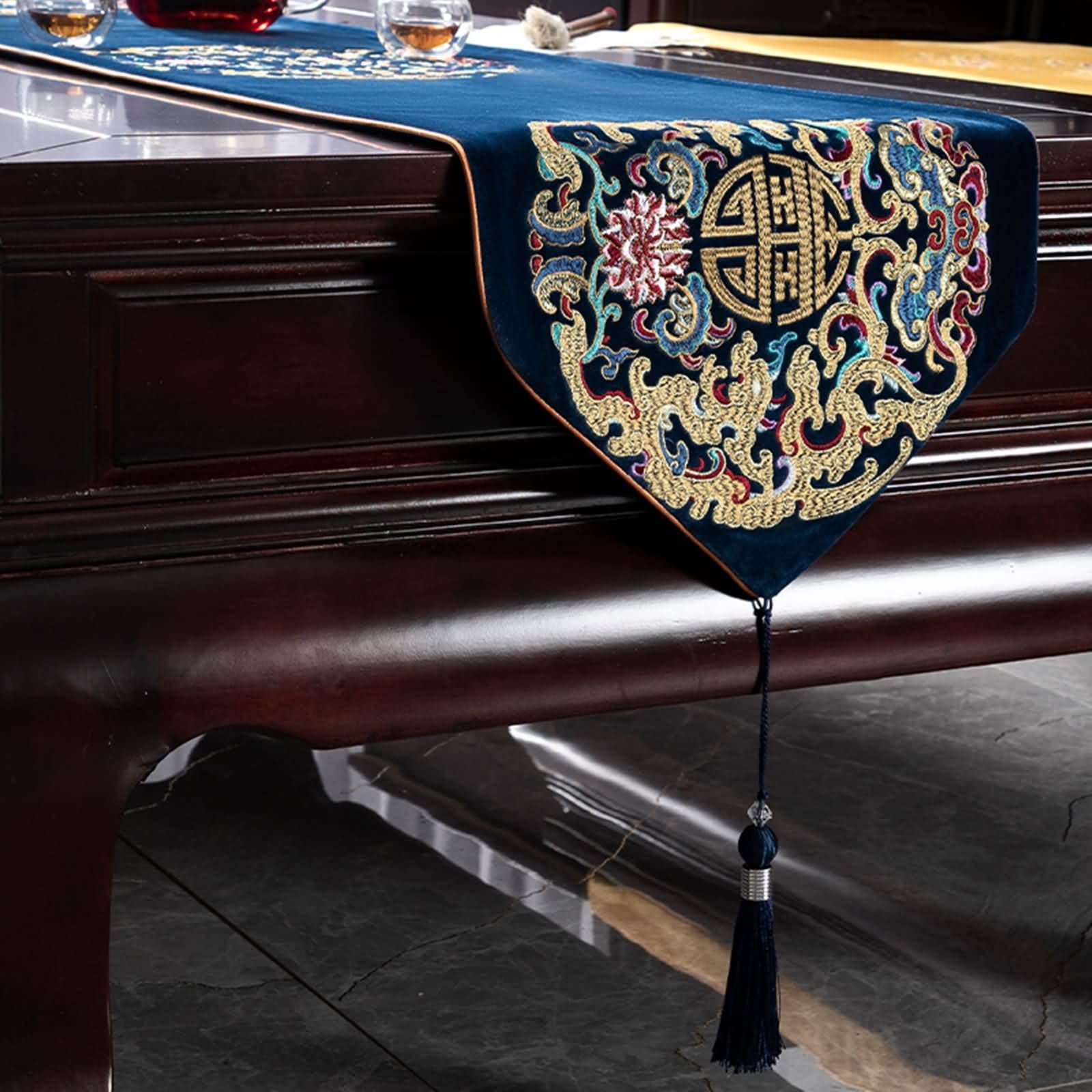 Runner da Tavola Blu Navy con Motivi Floreali,Velluto,33x240cm