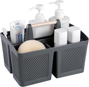 rejomiik Portable Plastic Shower Caddy with Bamboo Handle, Grey