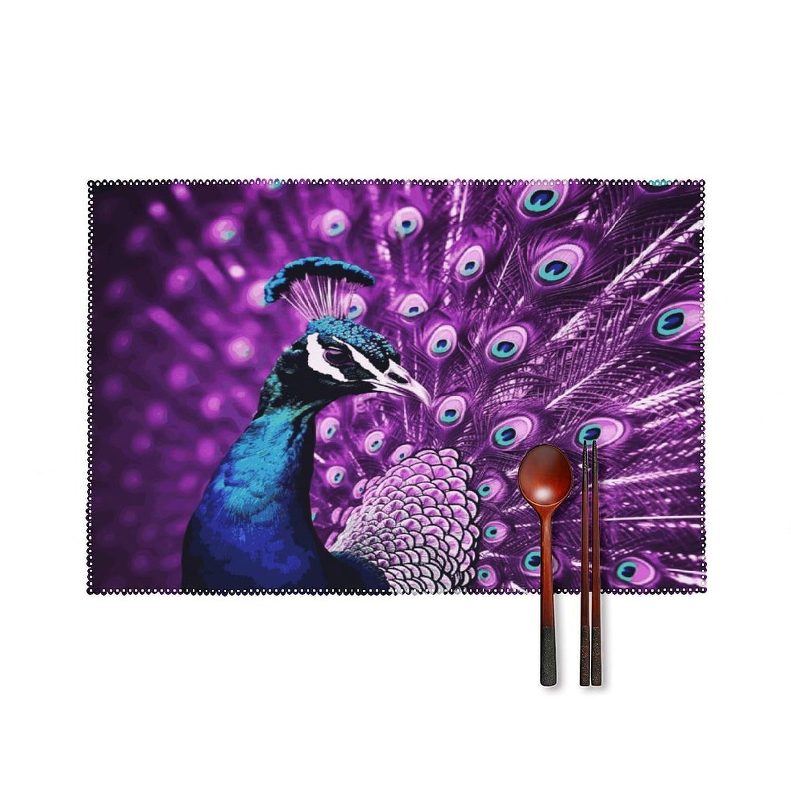 Purple Peacock Placemats Set of 6 Heat-Resistant Washable Place Mats Wipeable Kitchen Placemat Easy to Clean for Indoor Outdoor Party Kitchen Decoration