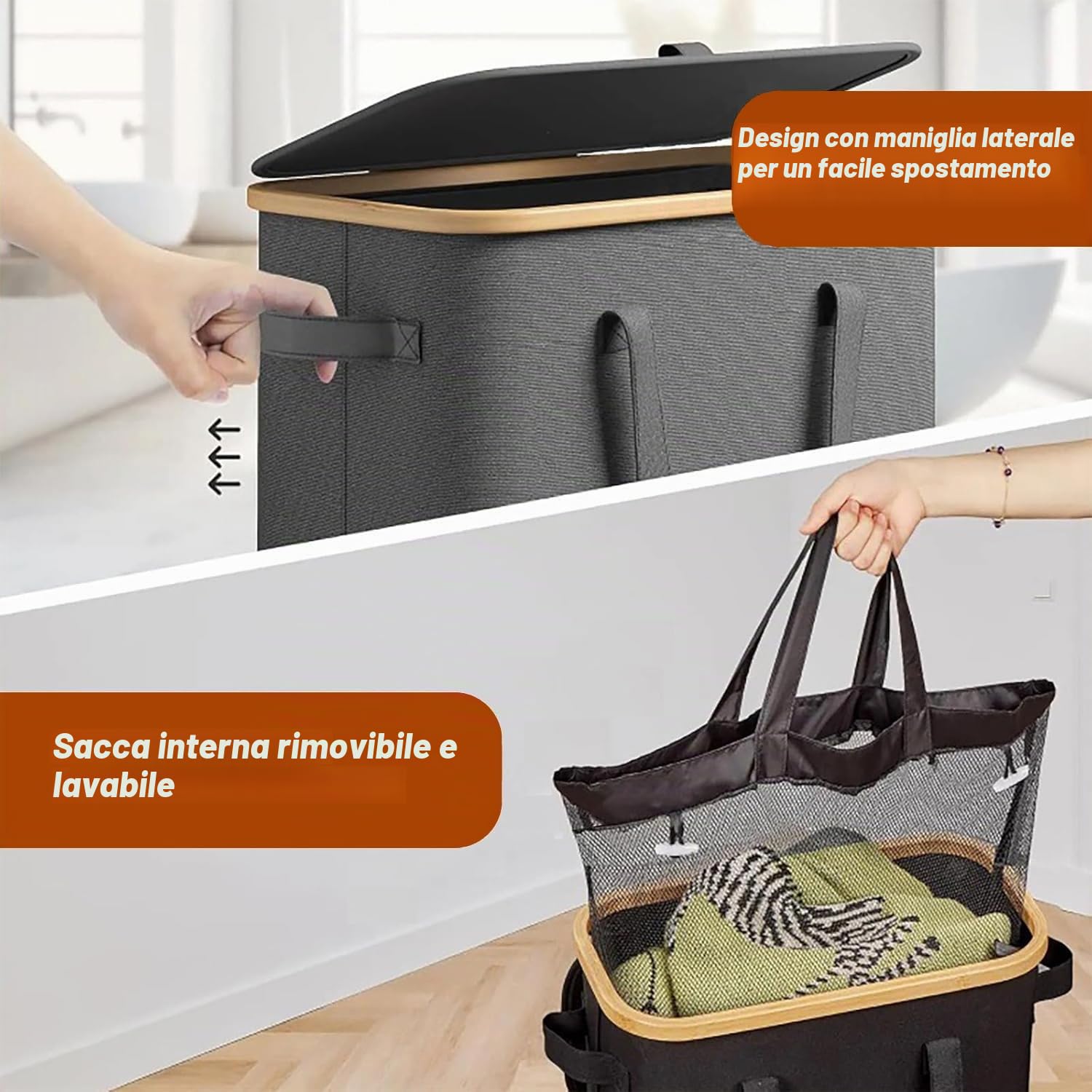 Cesto Portabiancheria con Coperchio,Cesto Biancheria Sporca con Ruote,Cesta per il Bucato Pieghevole e Borsa Rimovibile per Camera da Letto,Bagno,Lavanderia