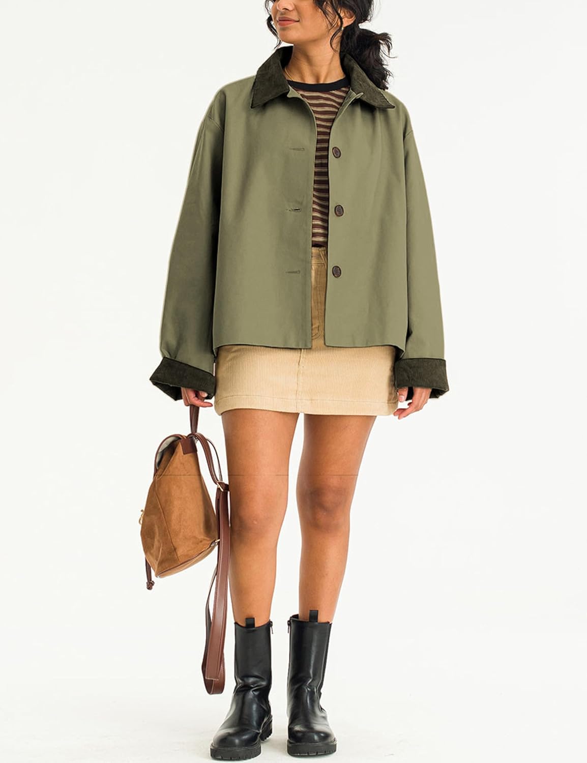 Lviefent Womens Contrast Collar Jacket Casual Button Down Long Sleeves Crop Trench Coat Outerwear with Pockets - Image 8