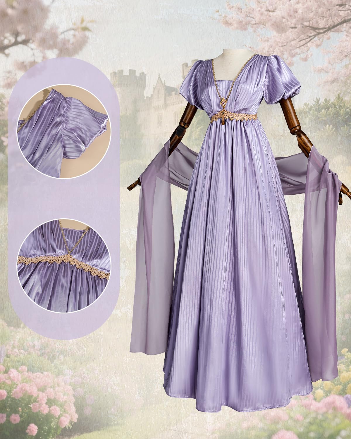CR ROLECOS Regency Jane Austen - Abito da donna a vita alta, stile vintage con sciarpa, per feste di gala