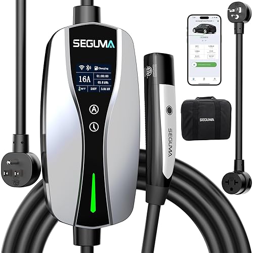 SEGUMA NACS Charger for Tesla with APP, ETL Certified Level 1/2 Tesla Charger, 6-16A, Dual Voltage 120V NEMA 5-15 Plug & 240V 6-20 Adapter, 25FT Cable, IP66, Portable Home Electric EV Charging Station