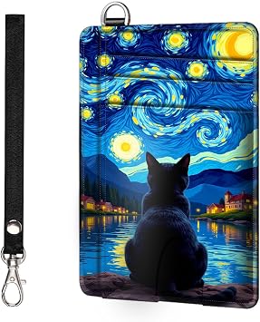 Slim RFID Blocking Wallet Minimalist Front Pocket Card Holder, Black Cat Under Starry Night Sky Secure Leather Credit Card Case with Security Pockets for Men and Women