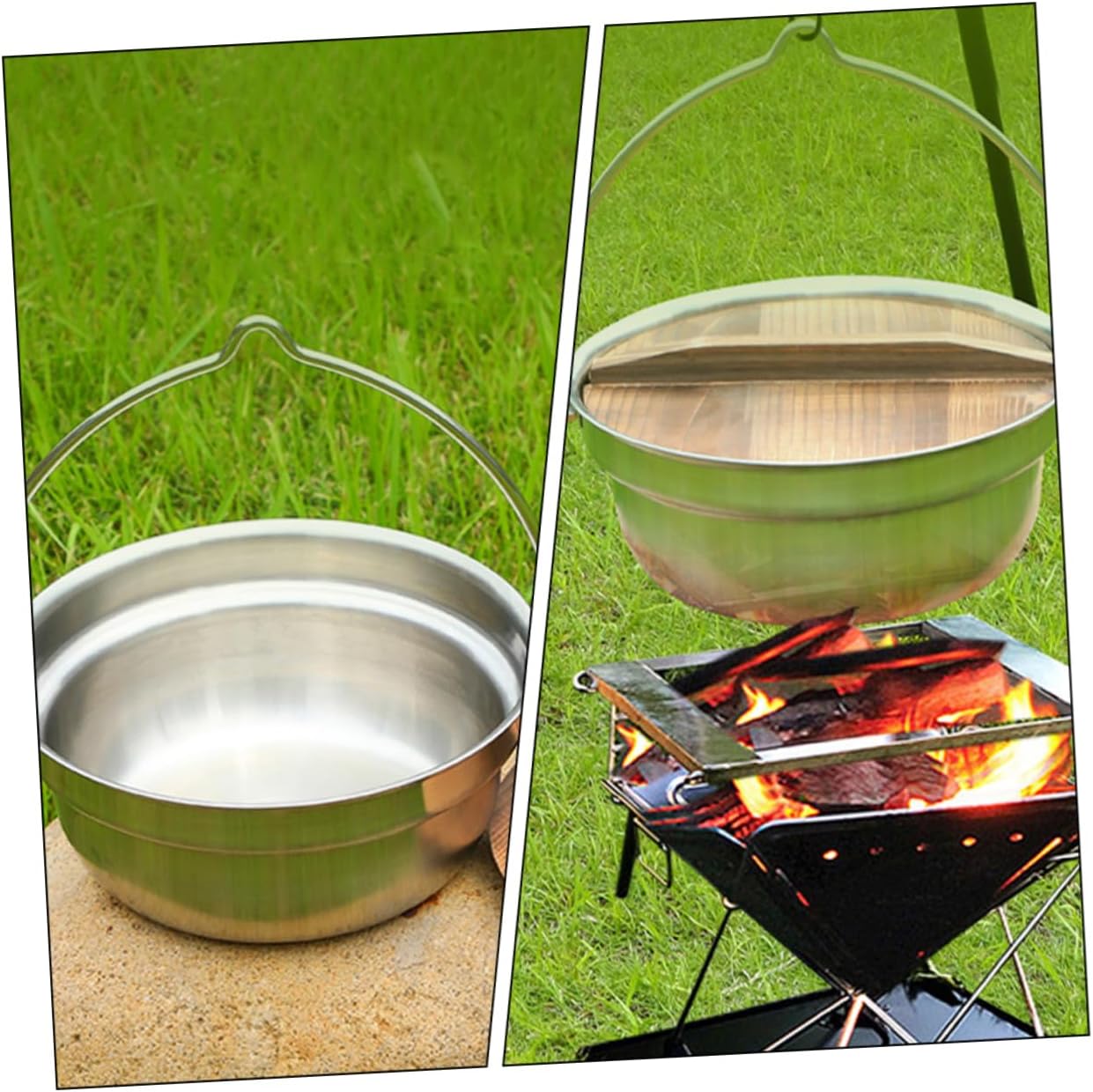 Mikinona 1Set Durable Stainless Steel Camping Pot Sturdy Cooking Pot for Open Flame Easy to Clean Outdoor Cooking Utensils for Camping and Picnics